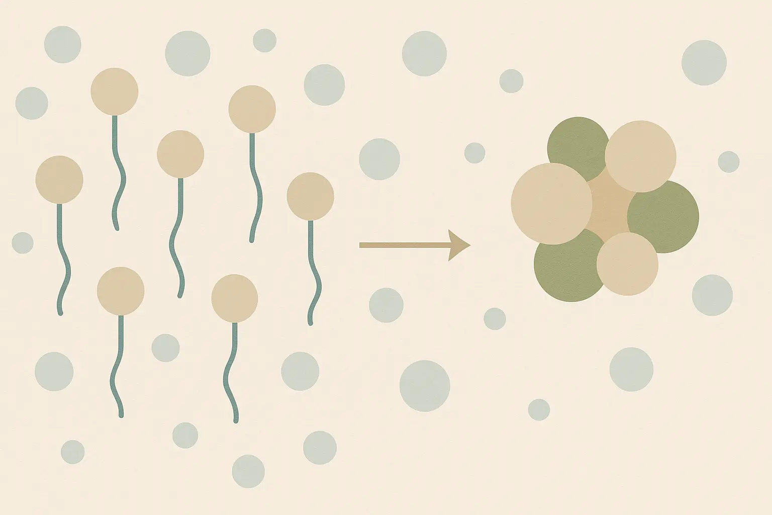 Schematische Darstellung, wie Kalk-Ionen Seifenpartikel zu Ablagerungen verbinden (ohne Text).
