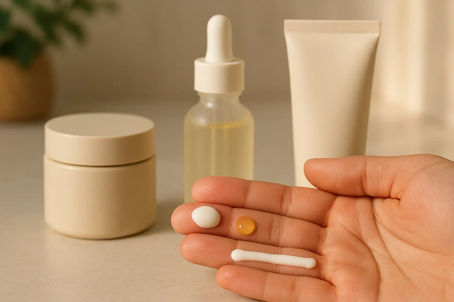 Fingerspitzen mit kleinen Mengen Creme, Öl und Sonnencreme zur Orientierung für Dosierung