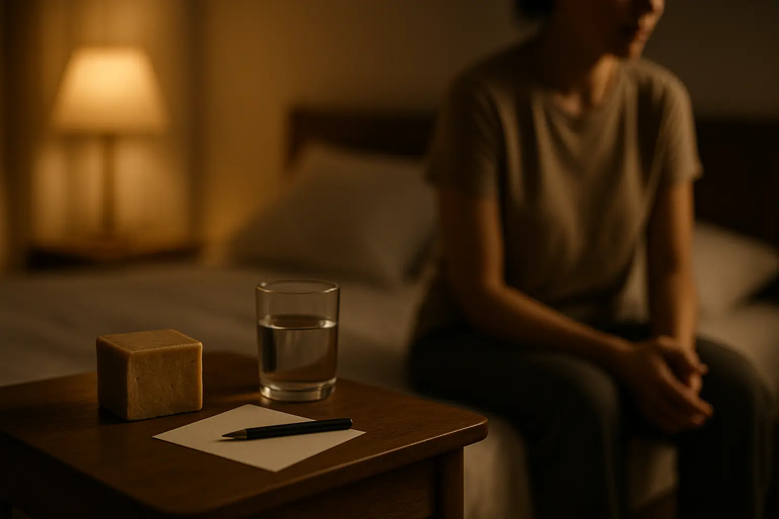Nachttisch mit Zettel und Stift bei gedimmtem Licht – Gedanken parken als Teil einer ruhigen Abendroutine.