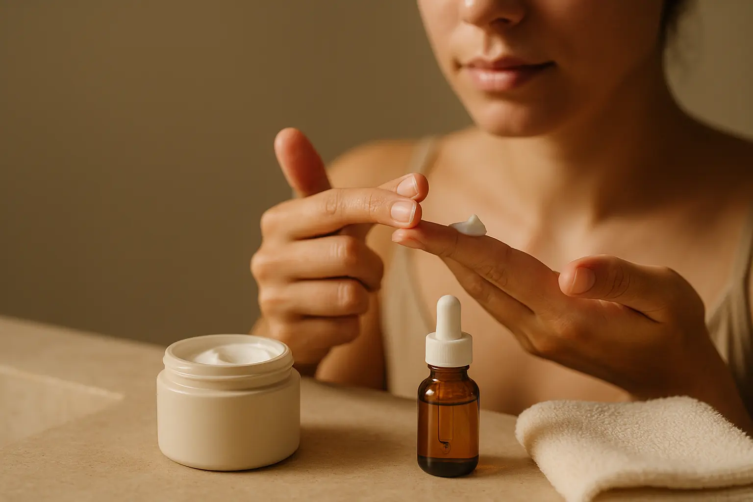 Minimalistische Pflegeprodukte auf einem Badregal, eine Person dosiert eine kleine Menge Creme zwischen den Fingerspitzen.