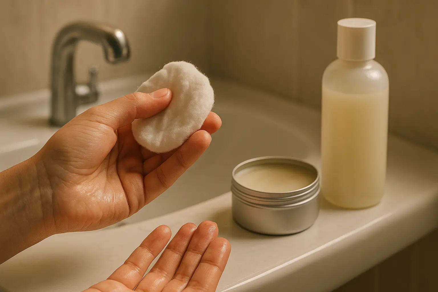 Person reinigt am Waschbecken sanft Rückstände von Sonnencreme mit einem weichen Tuch, daneben stehen milde Reiniger ohne...