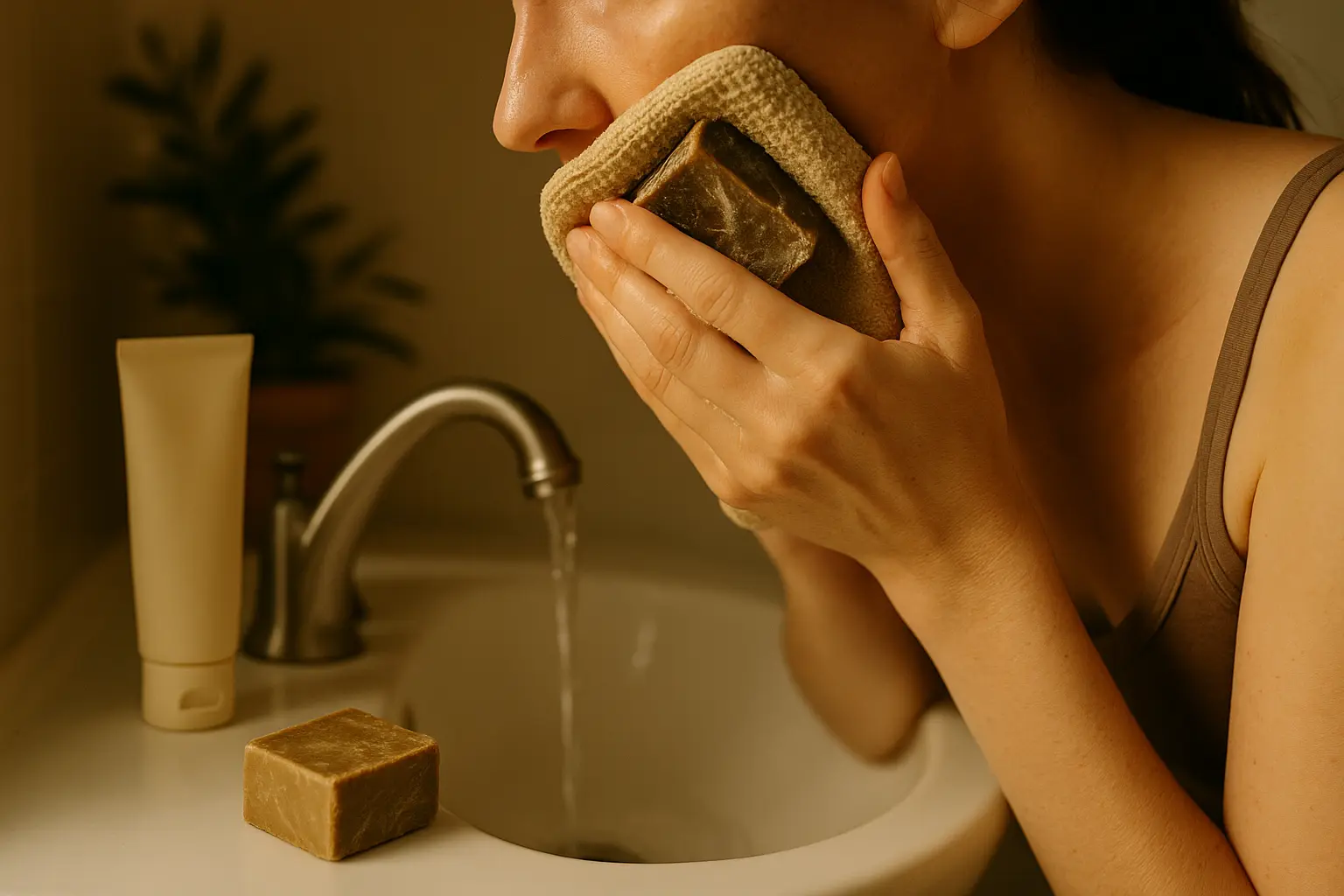 Sanfte Gesichtsreinigung am Waschbecken mit mildem Reiniger und wiederverwendbarem Waschlappen.