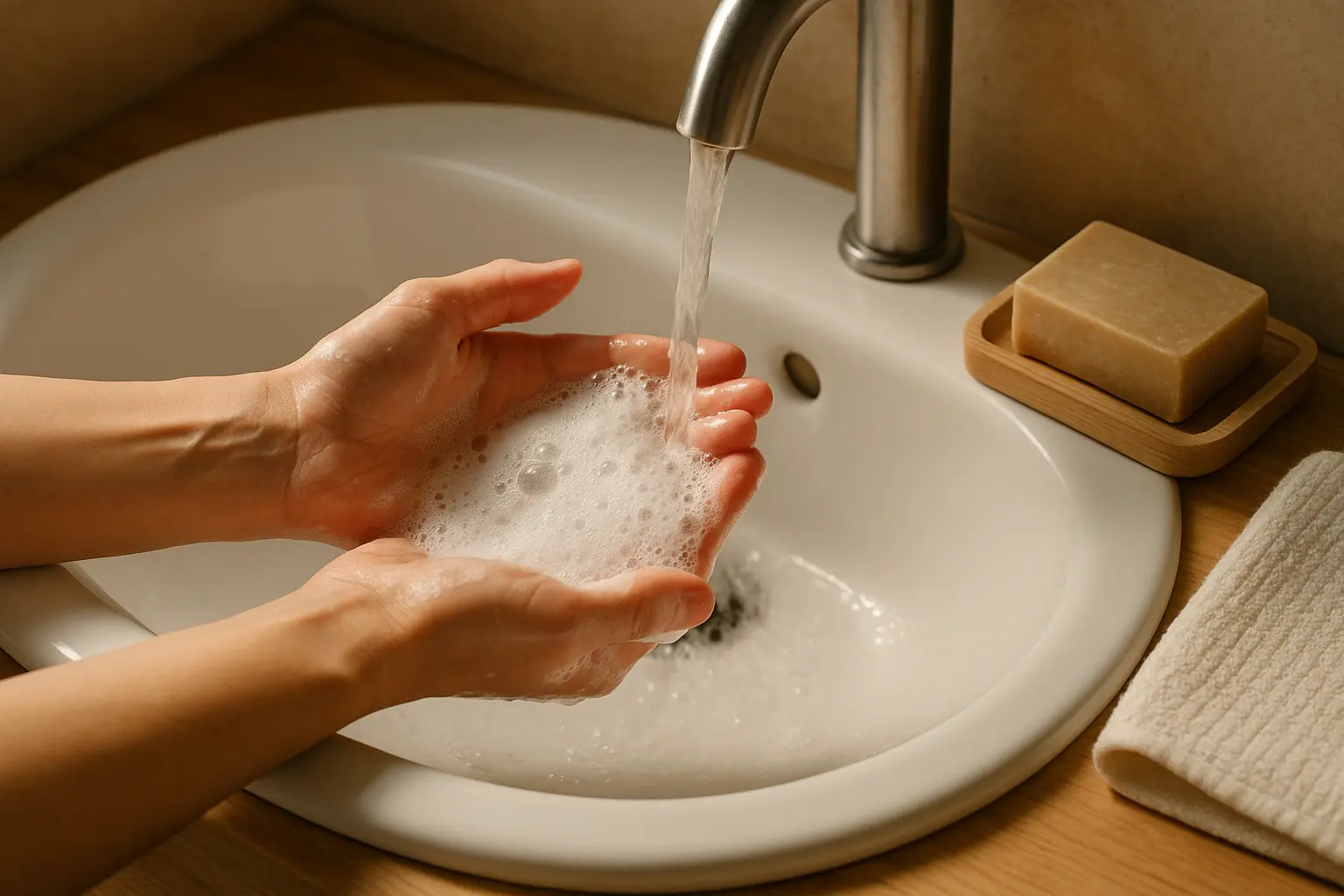 Hände schäumen milde Seife kurz auf und spülen sie mit lauwarmem Wasser ab