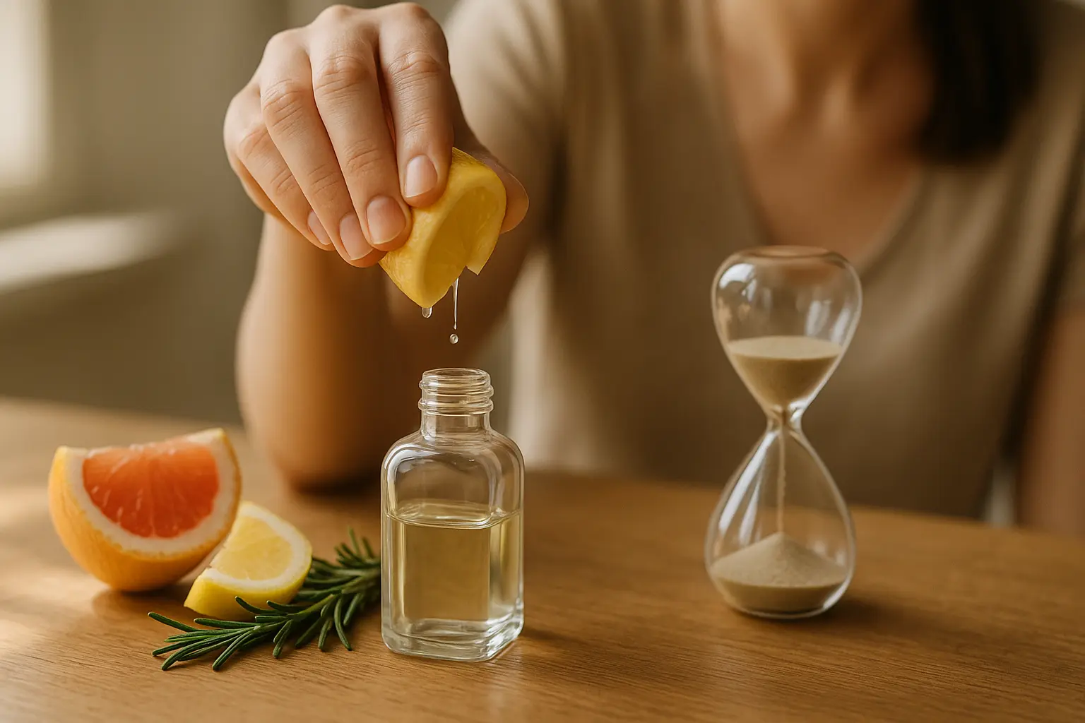 Zitronenschale, Grapefruit, Rosmarin und ein neutraler Glasflakon als aktivierende Duftnoten für kurze Duftimpulse
