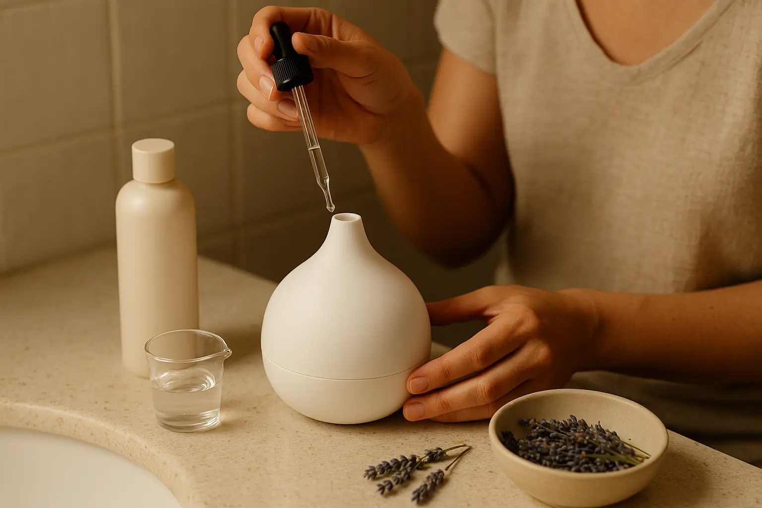Hand befüllt einen schlichten Diffuser; daneben Lavendel und neutrale Pflege als Hinweis auf sichere Duftanwendung