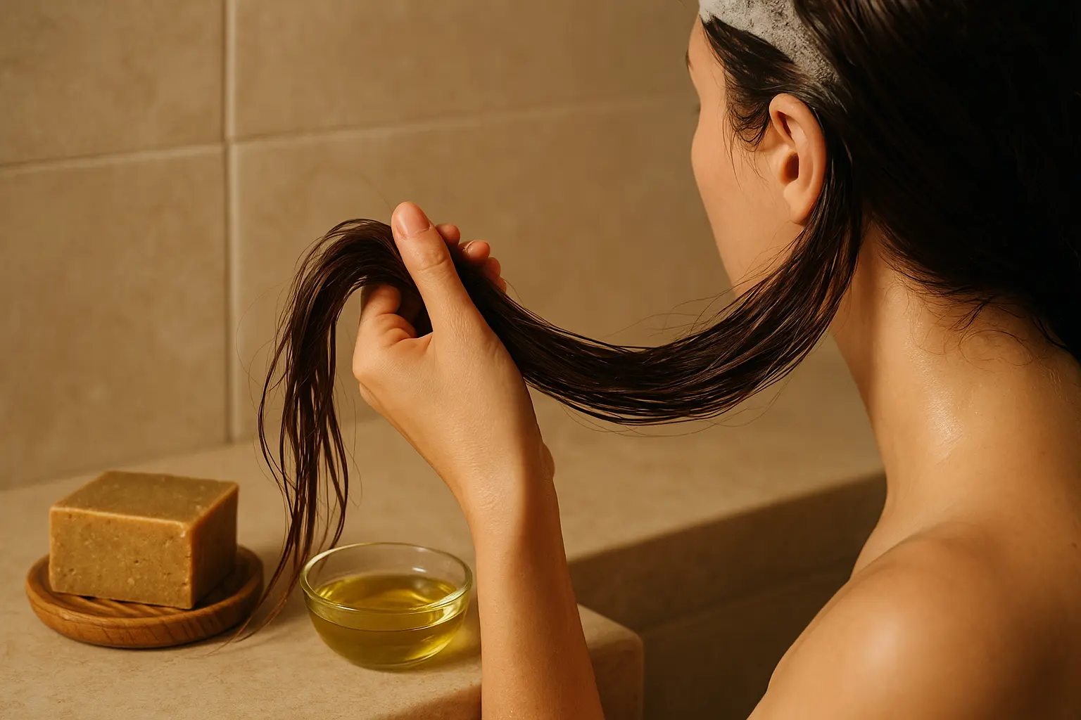 Haarwäsche mit Naturseife: Schaum am Ansatz, Längen werden ausgespült