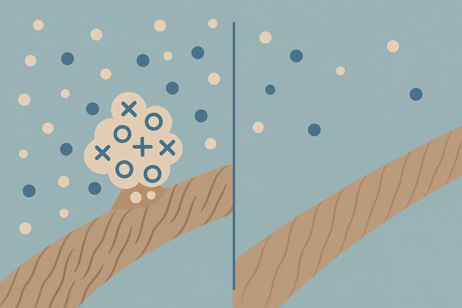 Schematische Grafik zeigt, wie Mineralien im harten Wasser mit Seife Rückstände bilden und wie Nachspülen sie reduziert