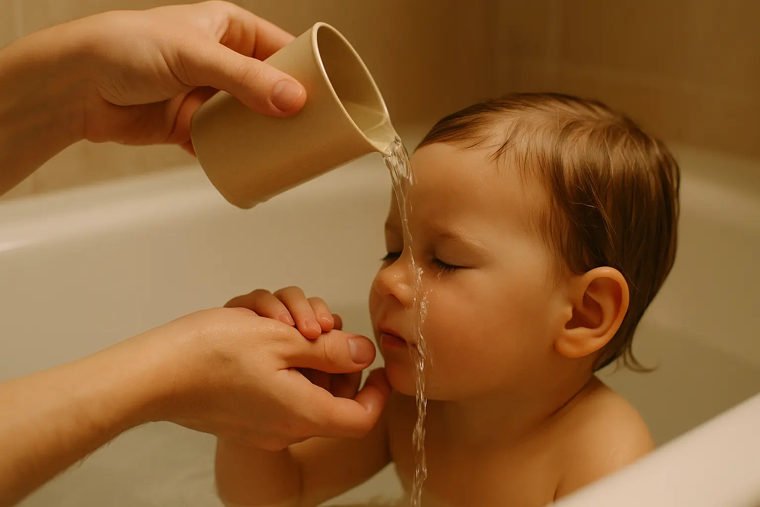 Lauwarmes Wasser wird vorsichtig aus einem Becher am äußeren Augenwinkel ausgespült
