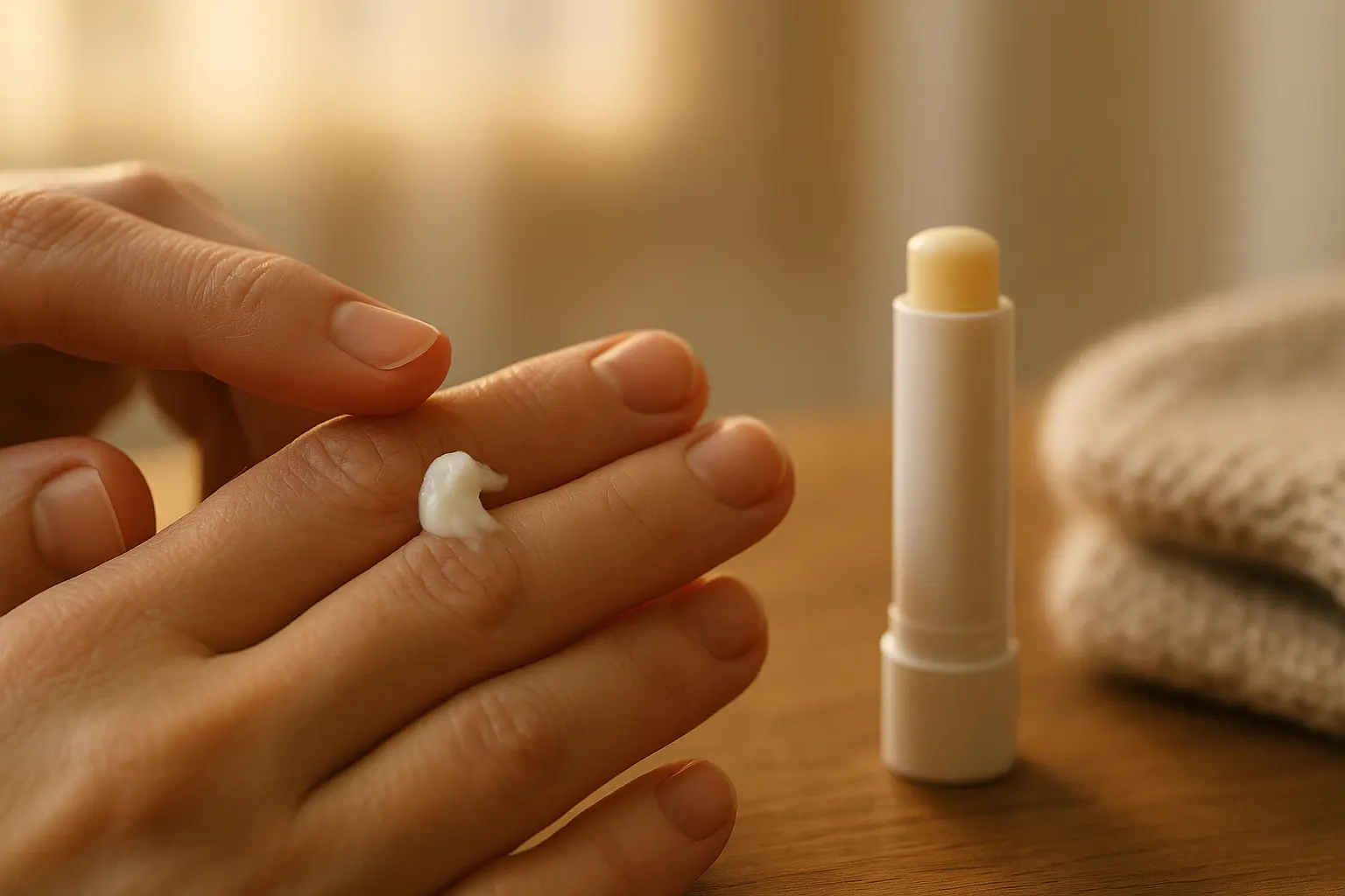 Hand cremt Fingerknöchel ein; daneben liegen Lippenpflege und ein Wollhandschuh als Winter-Detailpflege.