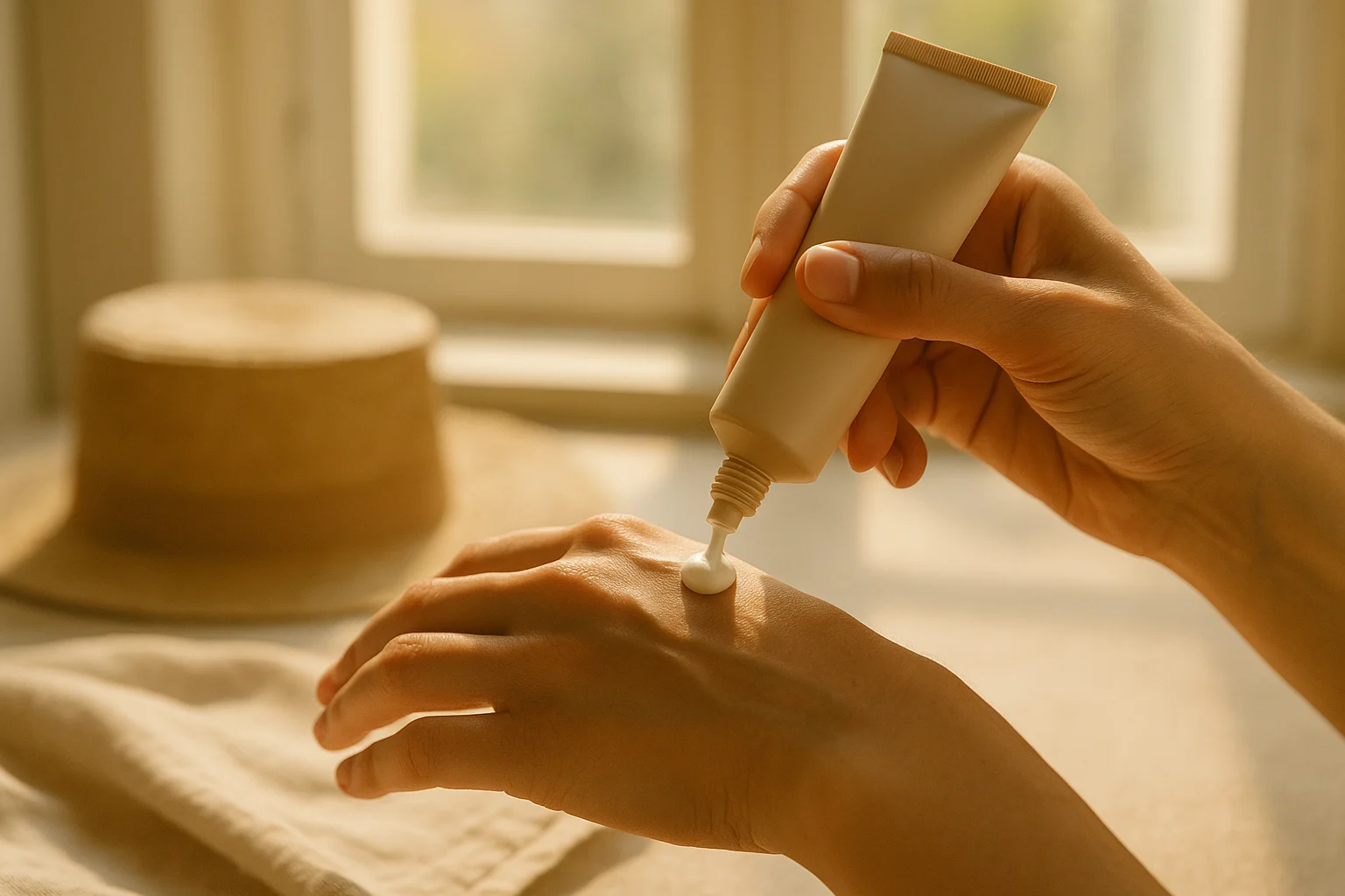 Hand trägt Sonnencreme auf den Handrücken auf, warmes Tageslicht am Fenster.