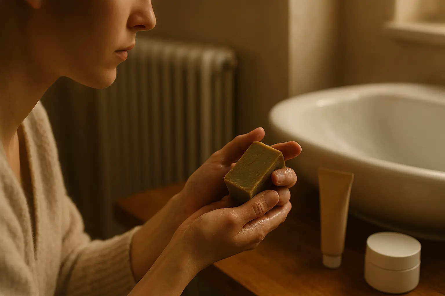 Hygrometer neben Handcreme auf einer Ablage, Heizkörper unscharf im Hintergrund.