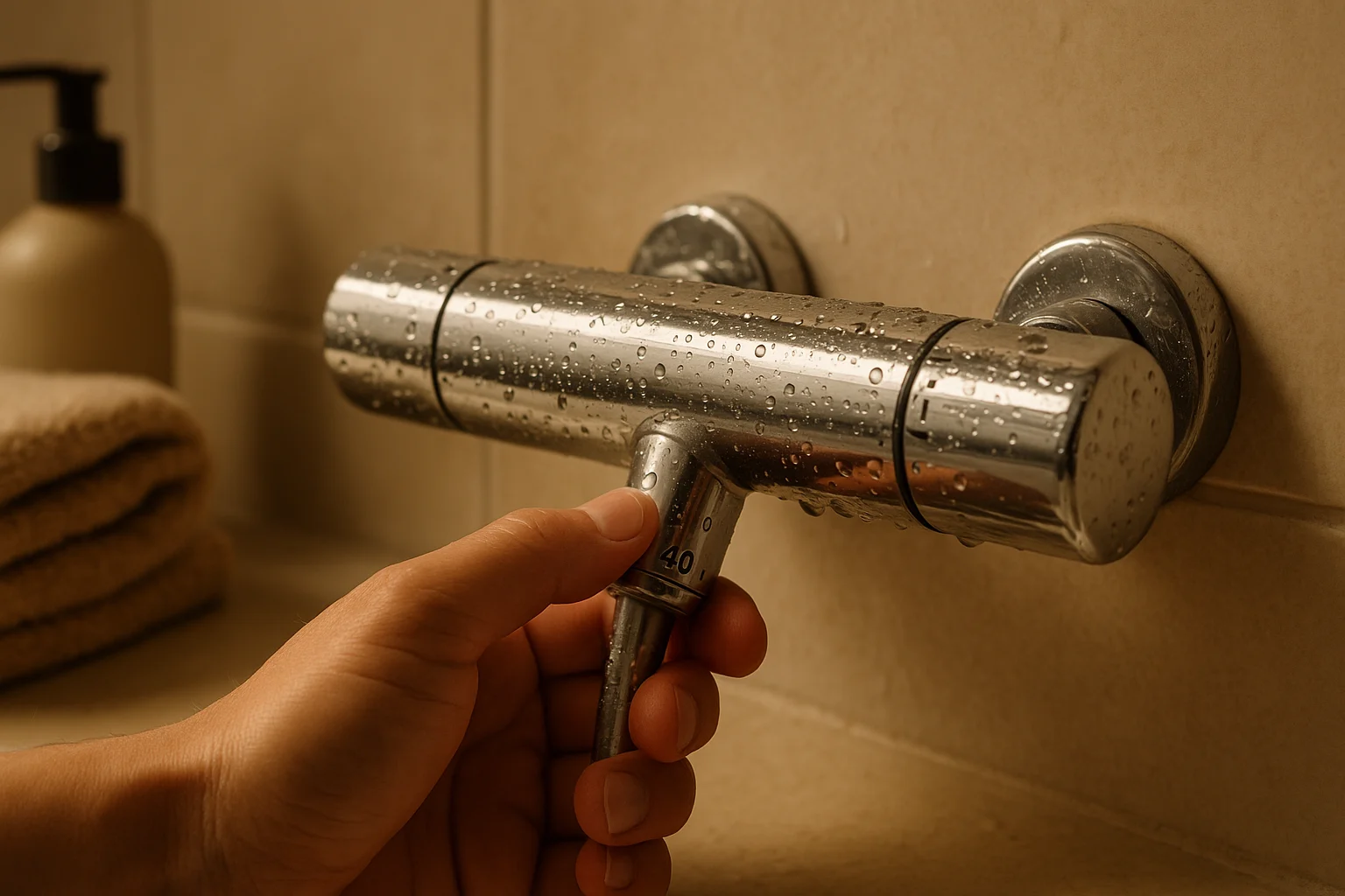 Hand stellt Duschthermostat auf lauwarme Temperatur, Badezimmer im Hintergrund