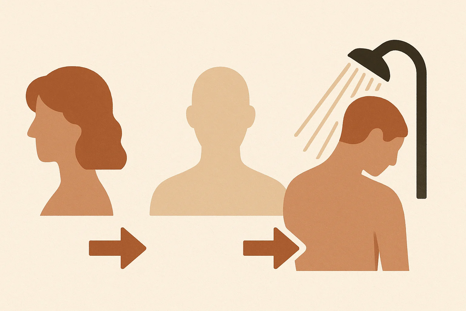 Textfreie Grafik mit Pfeilen zur Duschreihenfolge: Haare zuerst, Körper danach, zum Schluss abspülen