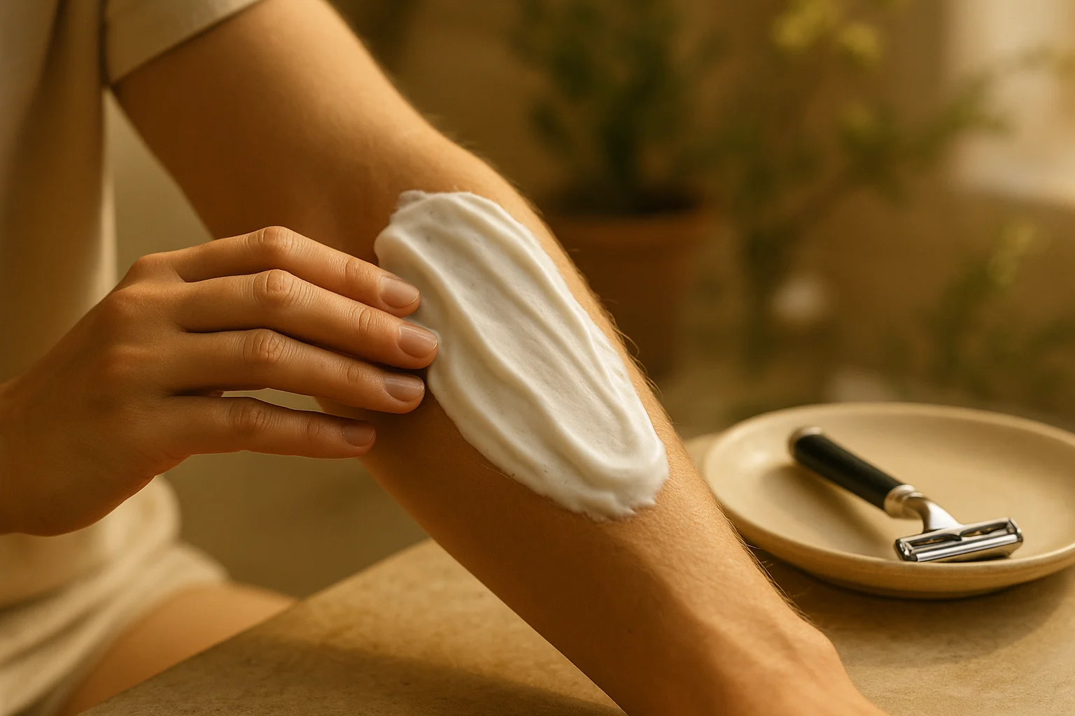 Hand verteilt cremigen Rasierschaum als Gleitfilm vor der Rasur, Rasierer liegt bereit