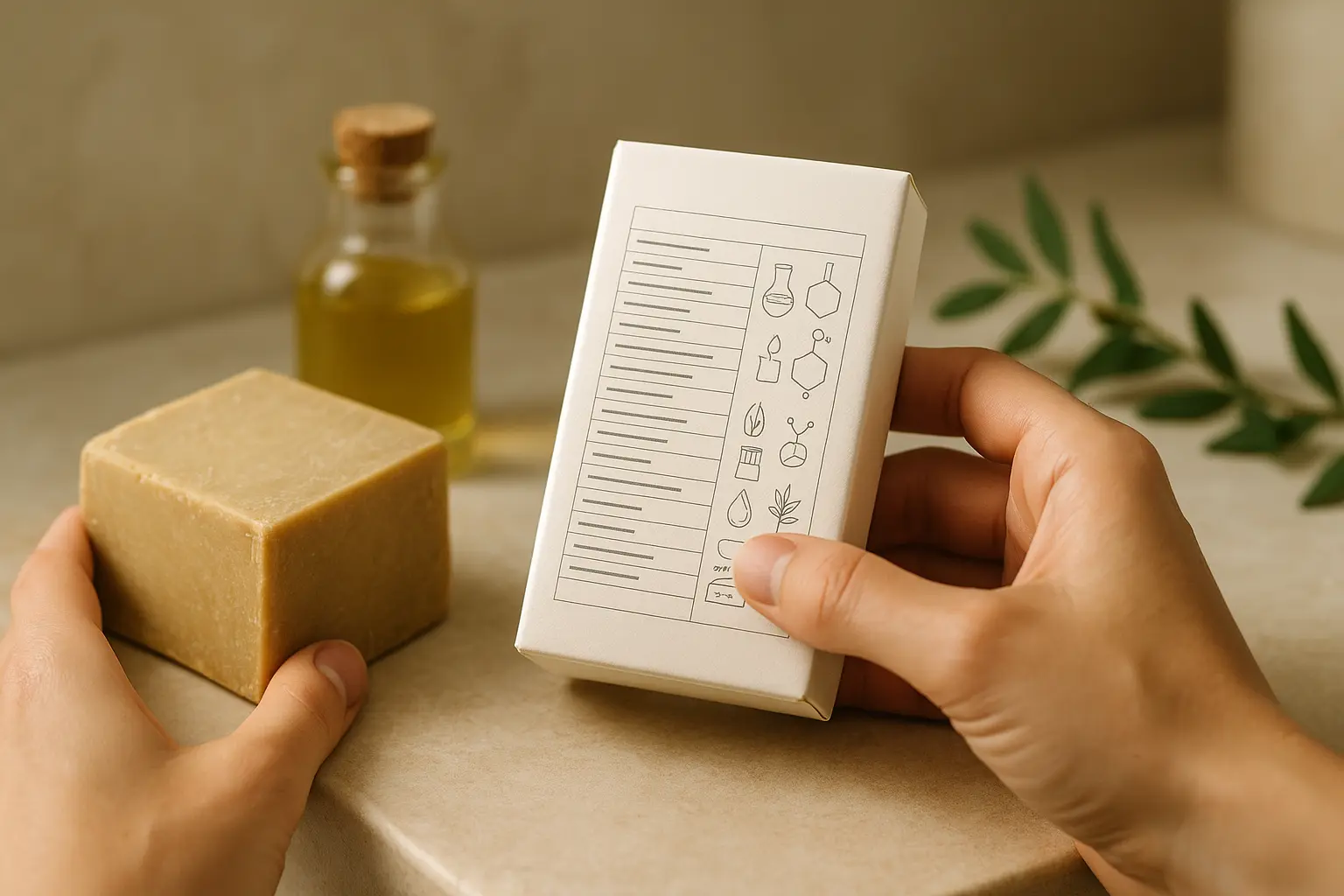 Hand prüft die Inhaltsstoffliste einer Seifenverpackung neben einem Seifenstück