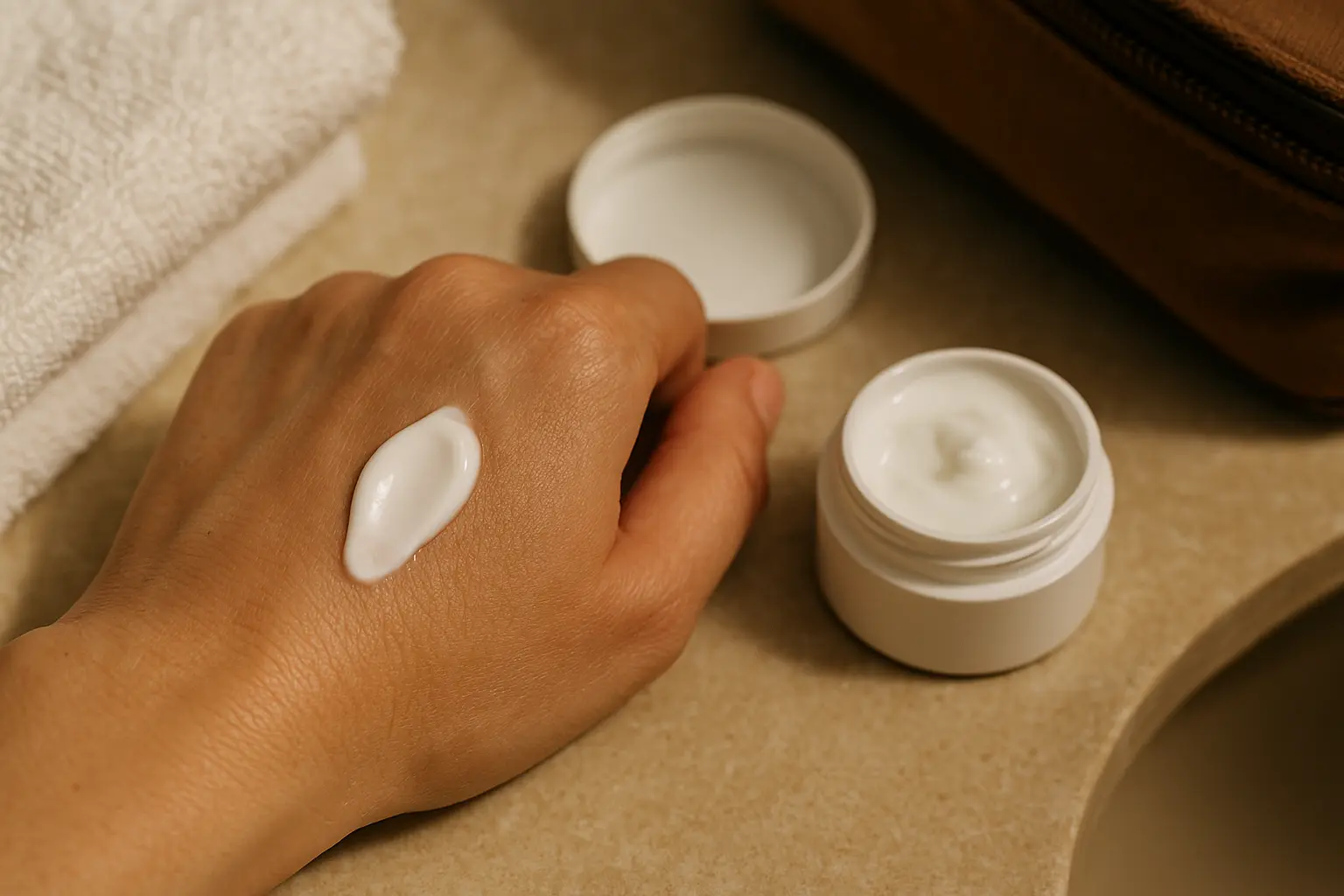 Kleine Menge Creme auf dem Handrücken als Beispiel für gezielte Barrierepflege unterwegs