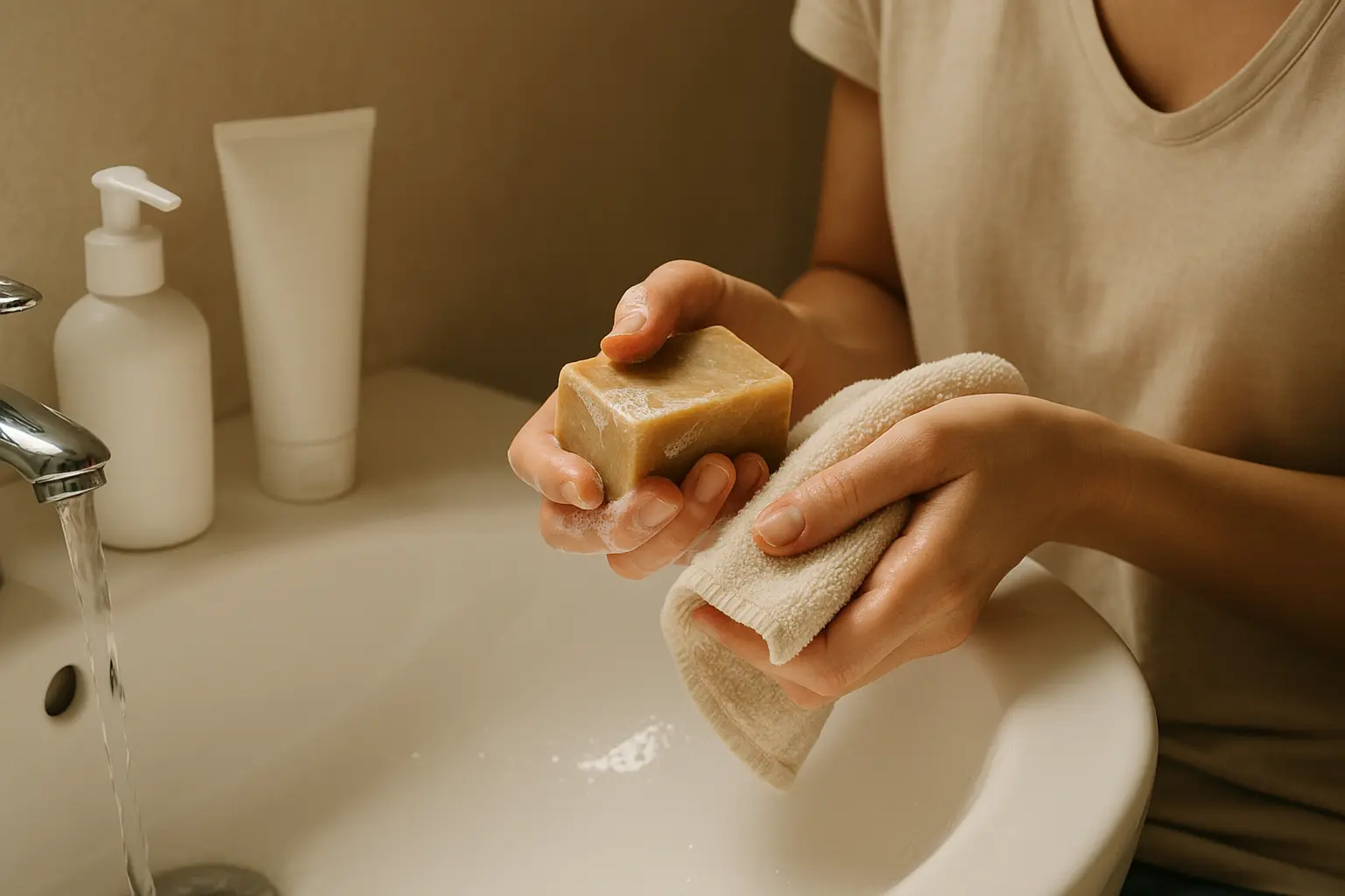 Händehygiene mit lauwarmem Wasser und anschließender Pflege als hautschonende Routine