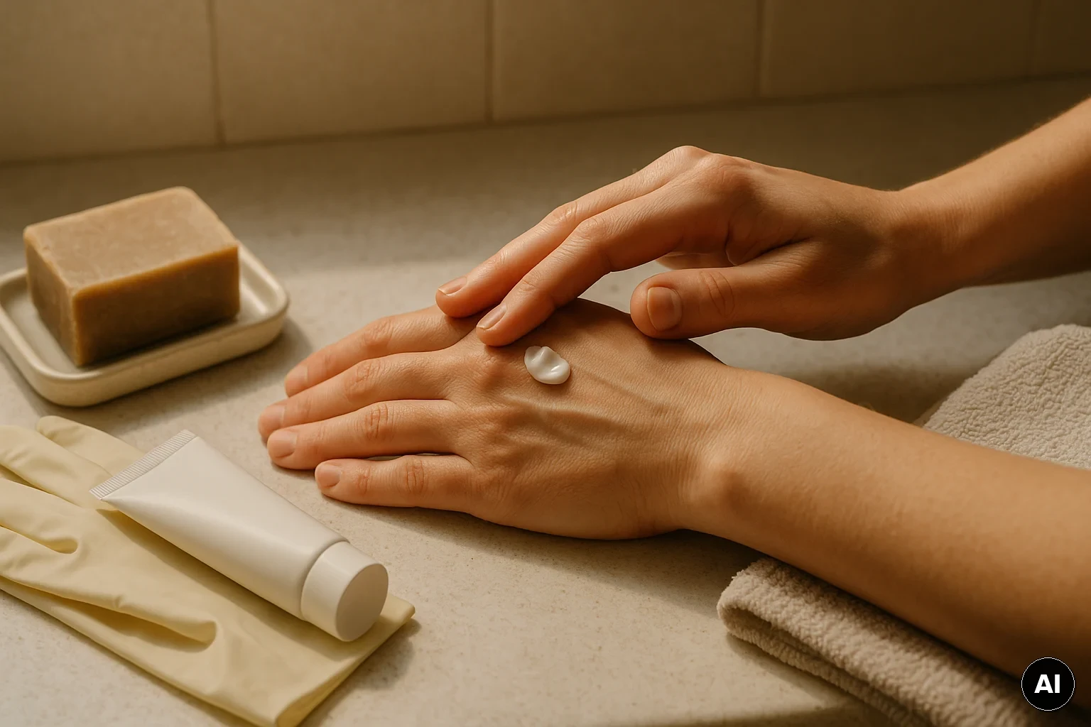 Hände tragen nach dem Waschen eine kleine Menge Handcreme auf, daneben liegen Handschuhe und Seife griffbereit