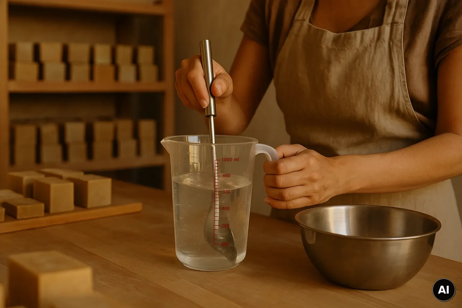 Messbecher mit Wasser und Werkzeuge in einer Seifenwerkstatt, Seifenblöcke im Hintergrund