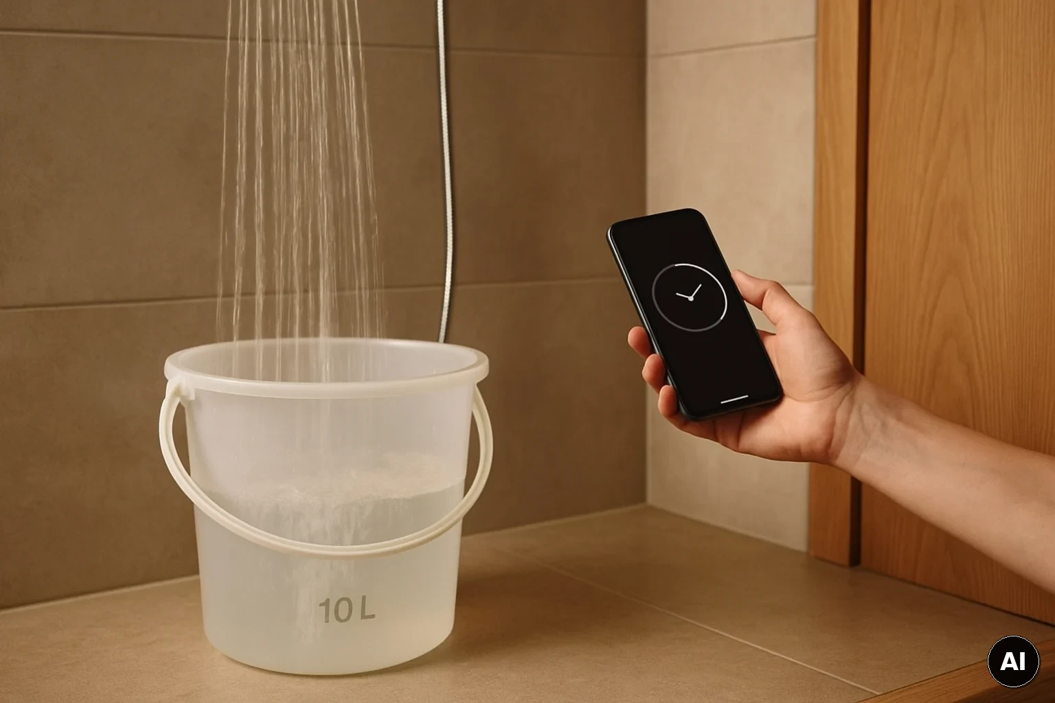 Eimer-Test unter der Dusche zur Messung von Litern pro Minute