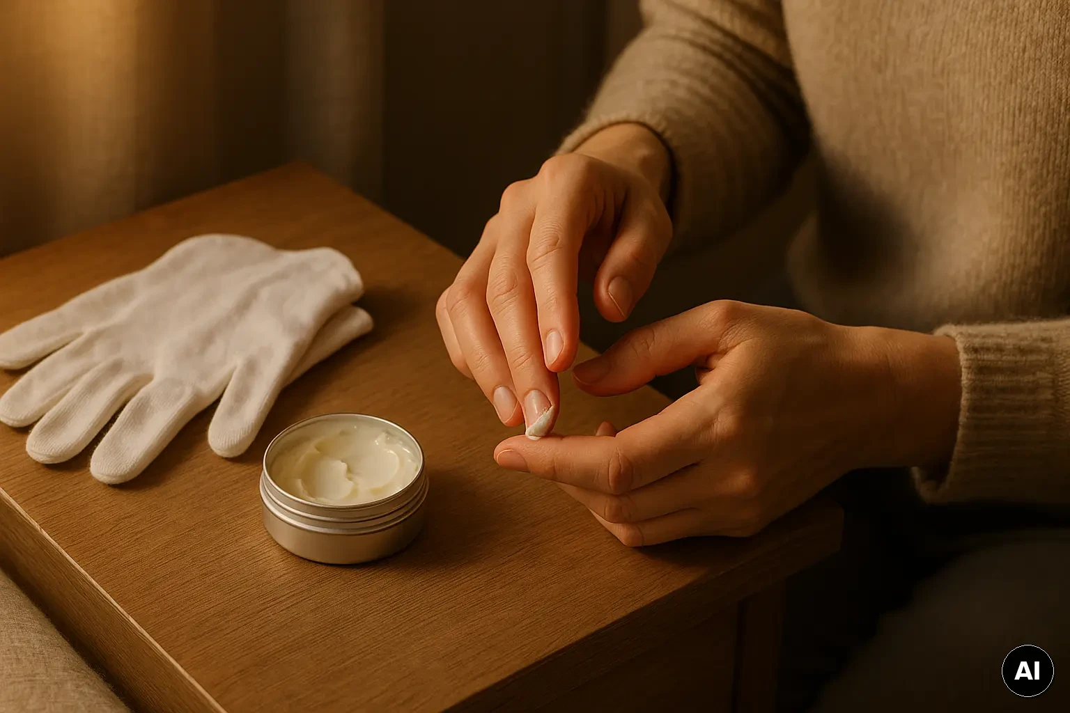 Abendliche Handpflege: Salbe wird punktuell auf einen rissigen Fingerknöchel aufgetragen, Baumwollhandschuhe liegen bereit.
