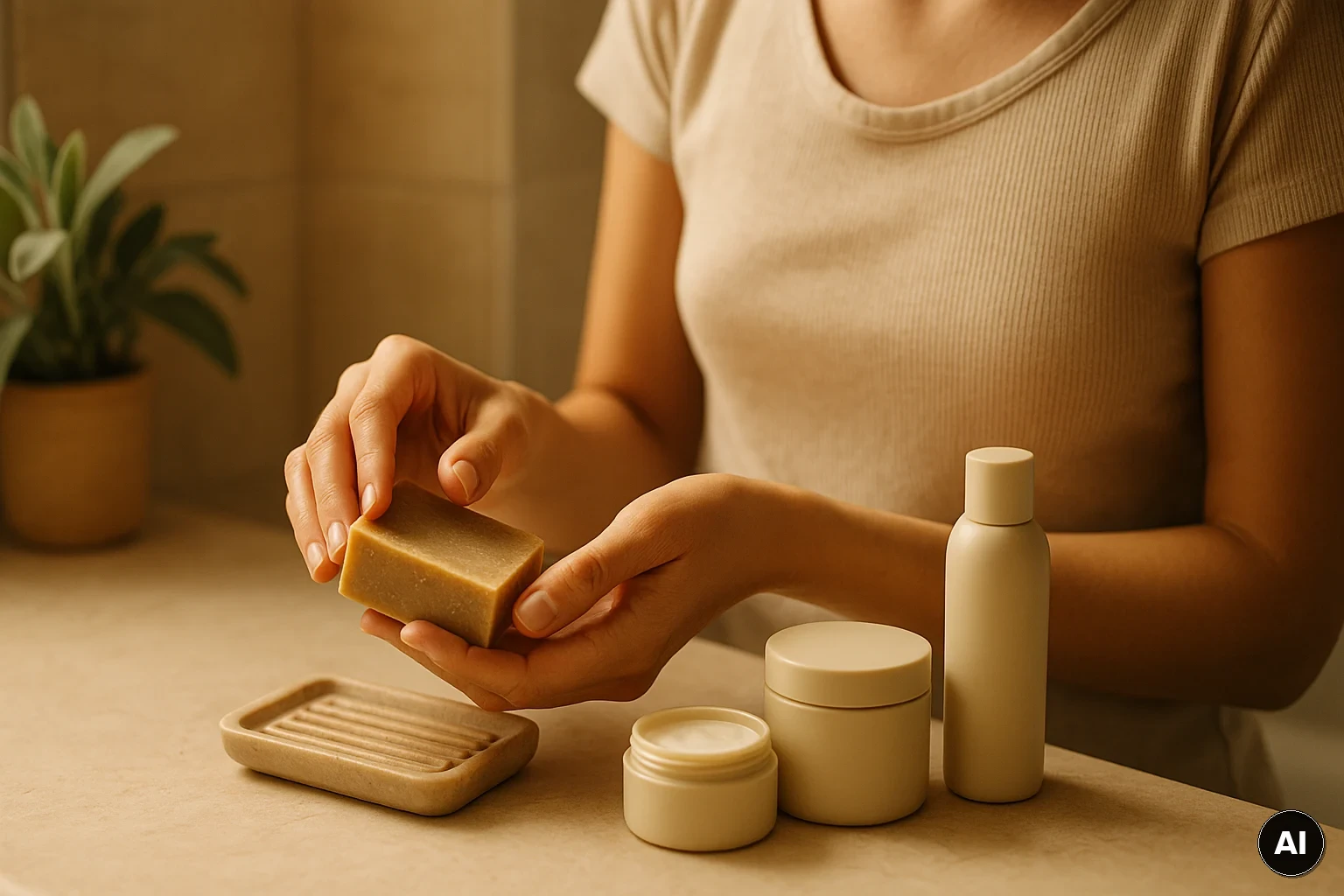 Vier unterschiedliche minimalistische Pflege-Setups auf einer Ablage im Bad, als Vergleich von Routine-Typen