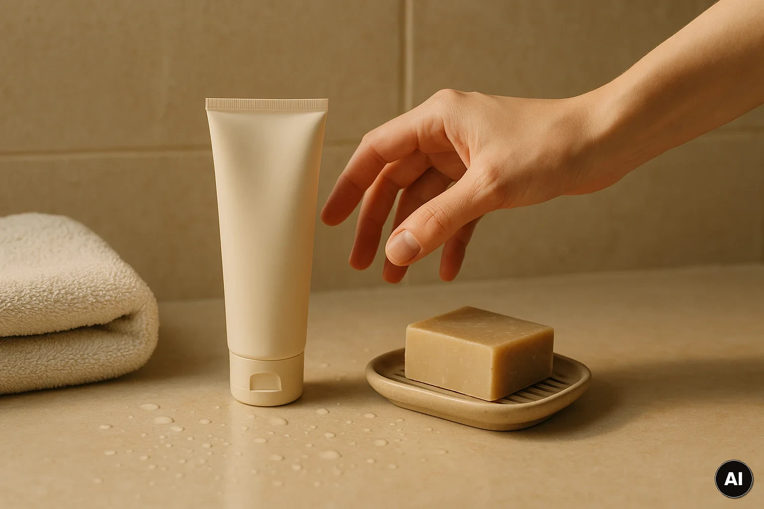 Hand greift nach Handcreme neben Handtuch und Seifenablage als Routine-Auslöser im Bad