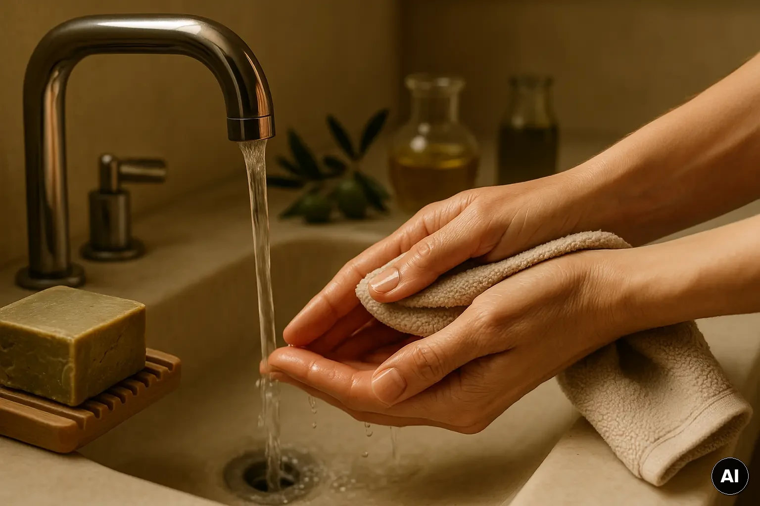 Hände werden mit lauwarmem Wasser abgespült, Naturseife liegt auf einer Seifenschale.