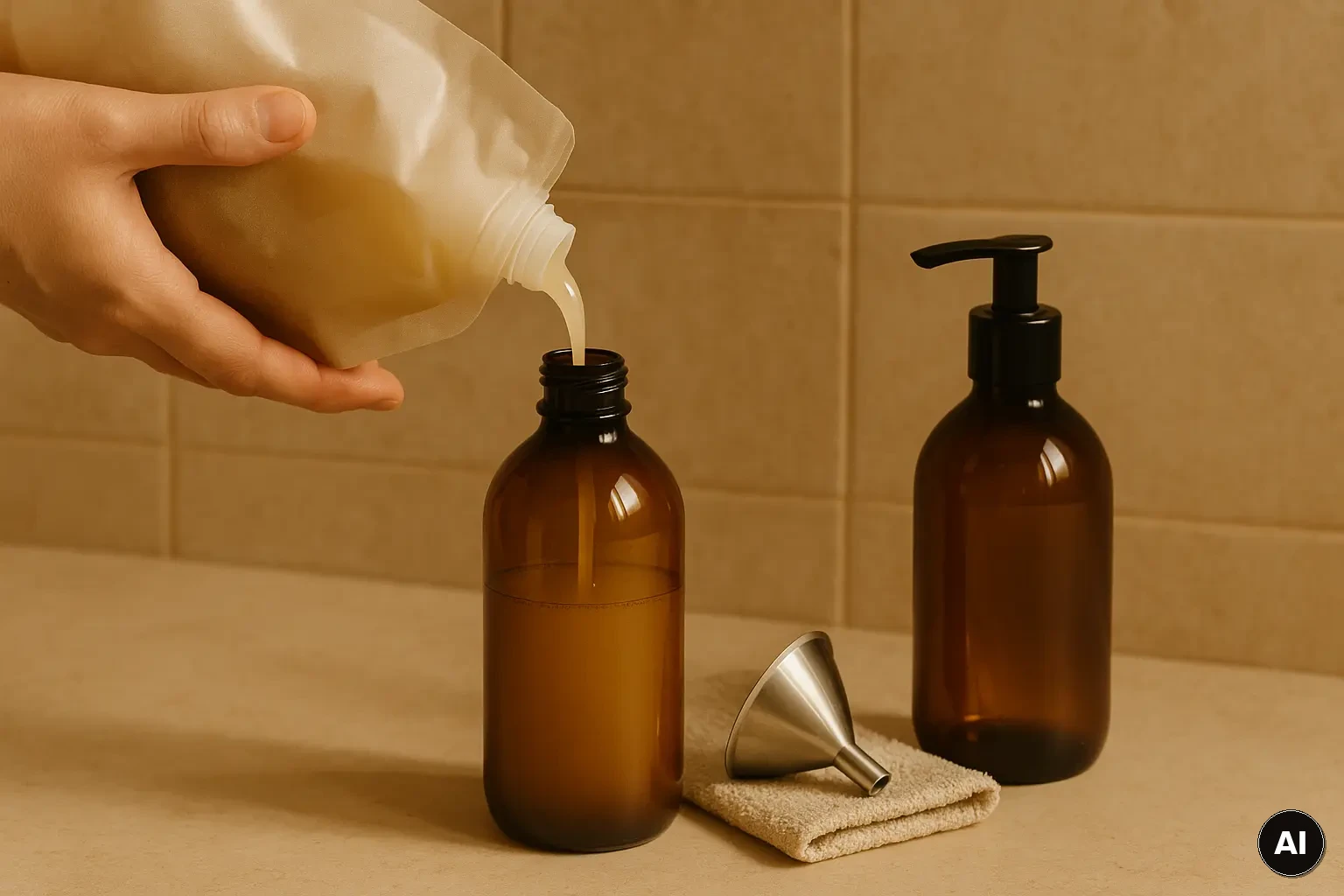 Hände füllen eine wiederverwendbare Pumpflasche aus einem Refill-Beutel nach, mit Trichter und Handtuch im Badezimmer.