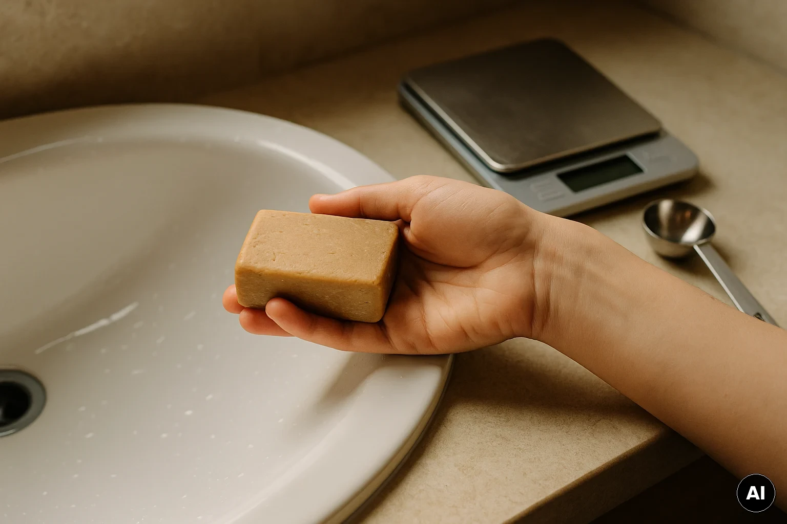Nahaufnahme von Seife am Waschbecken neben kleiner Waage zur Kontrolle der Dosierung.