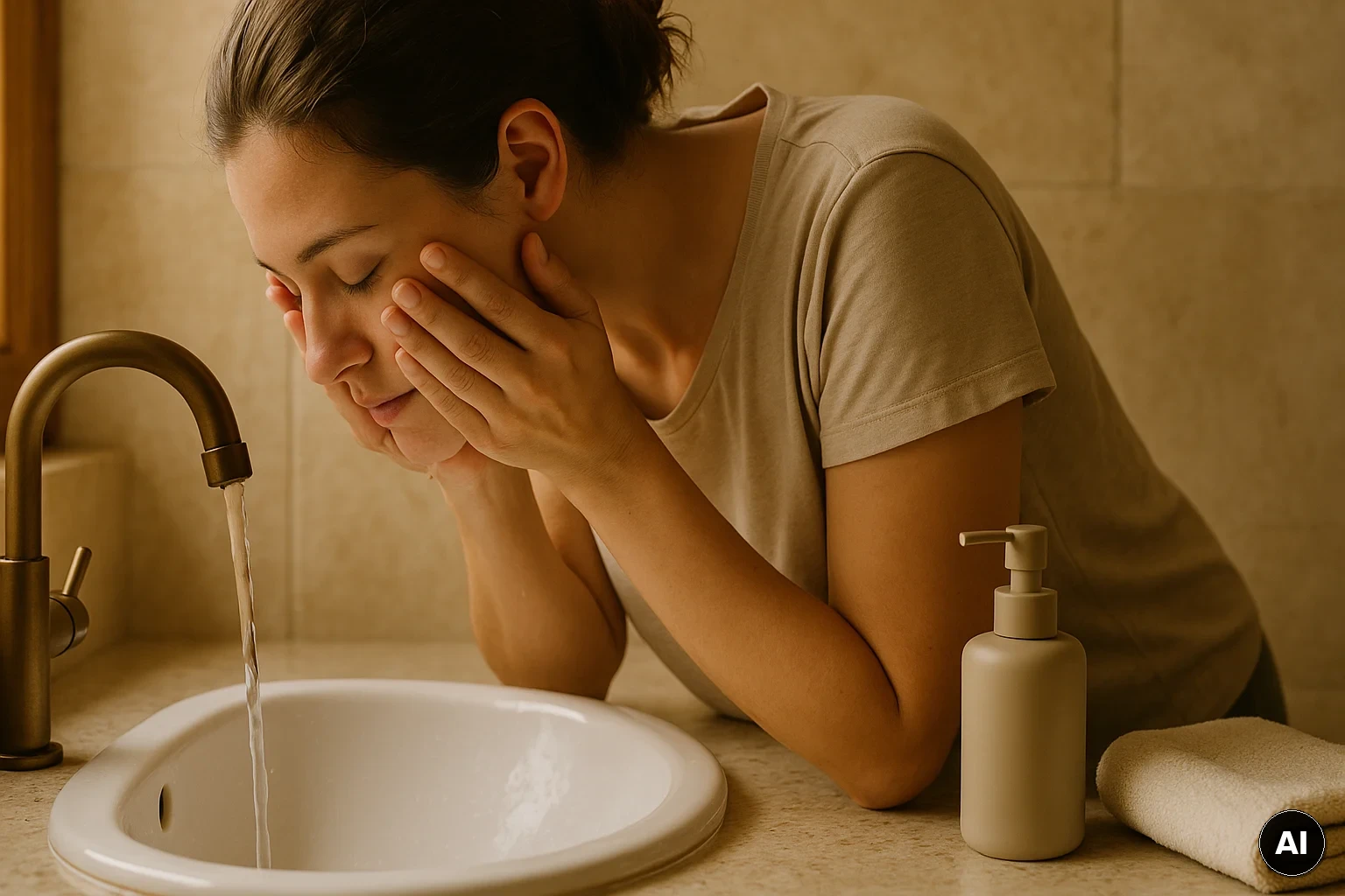 Sanfte Gesichtsreinigung am Waschbecken mit lauwarmem Wasser und mildem Cleanser