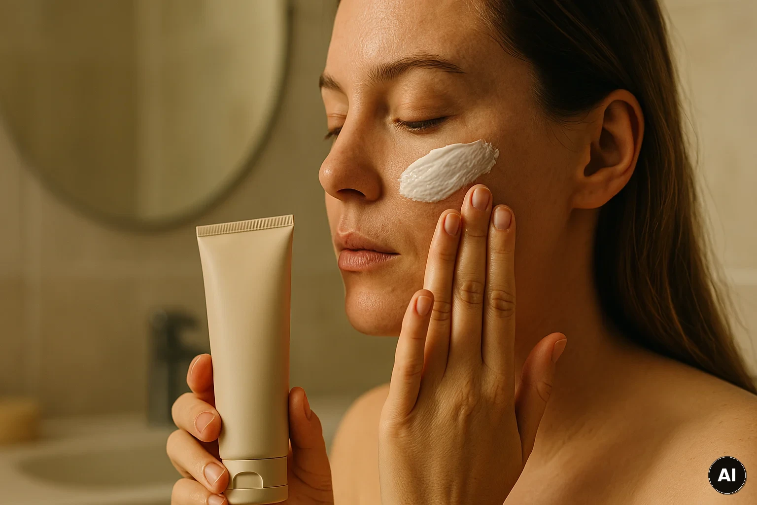Auftragen von Sonnenschutz im Gesicht als letzter Schritt der Morgenroutine