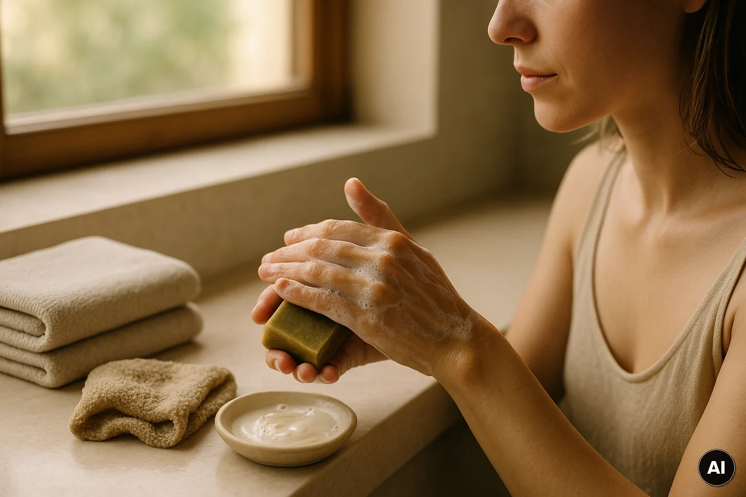 Drei Körperpflege-Texturen (Lotion, Öl, Creme) auf einer Ablage im warmen Badlicht