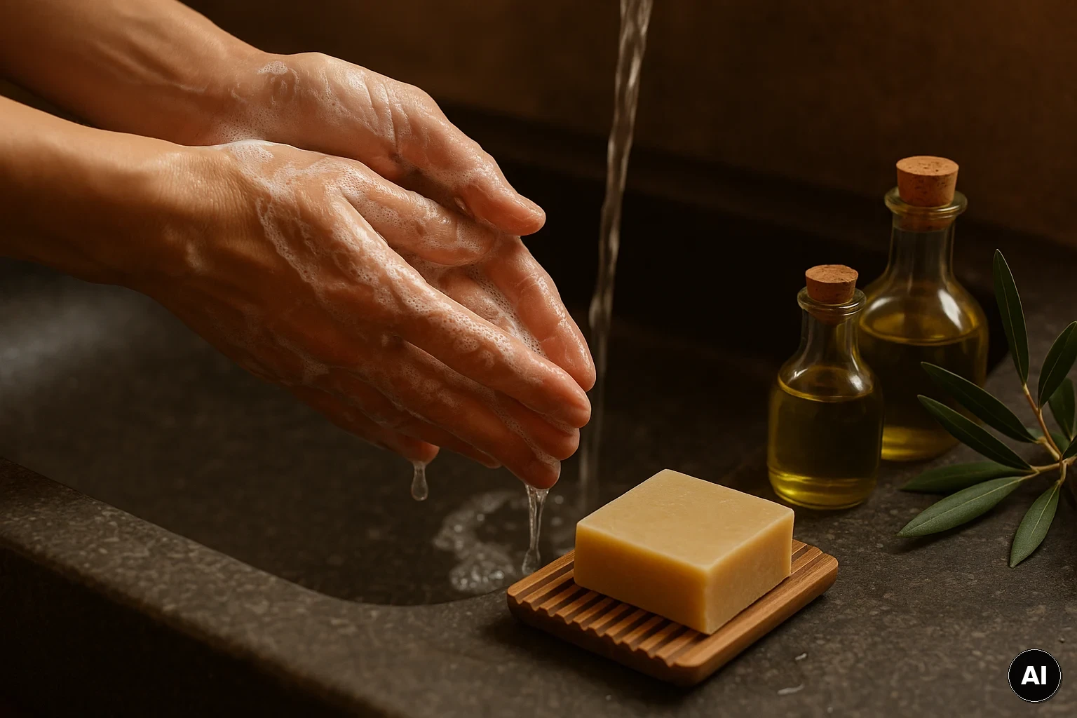 Hände beim Abspülen von Naturseife: Seifenschaum, Wassertropfen und feine Rückstände am Waschbeckenrand